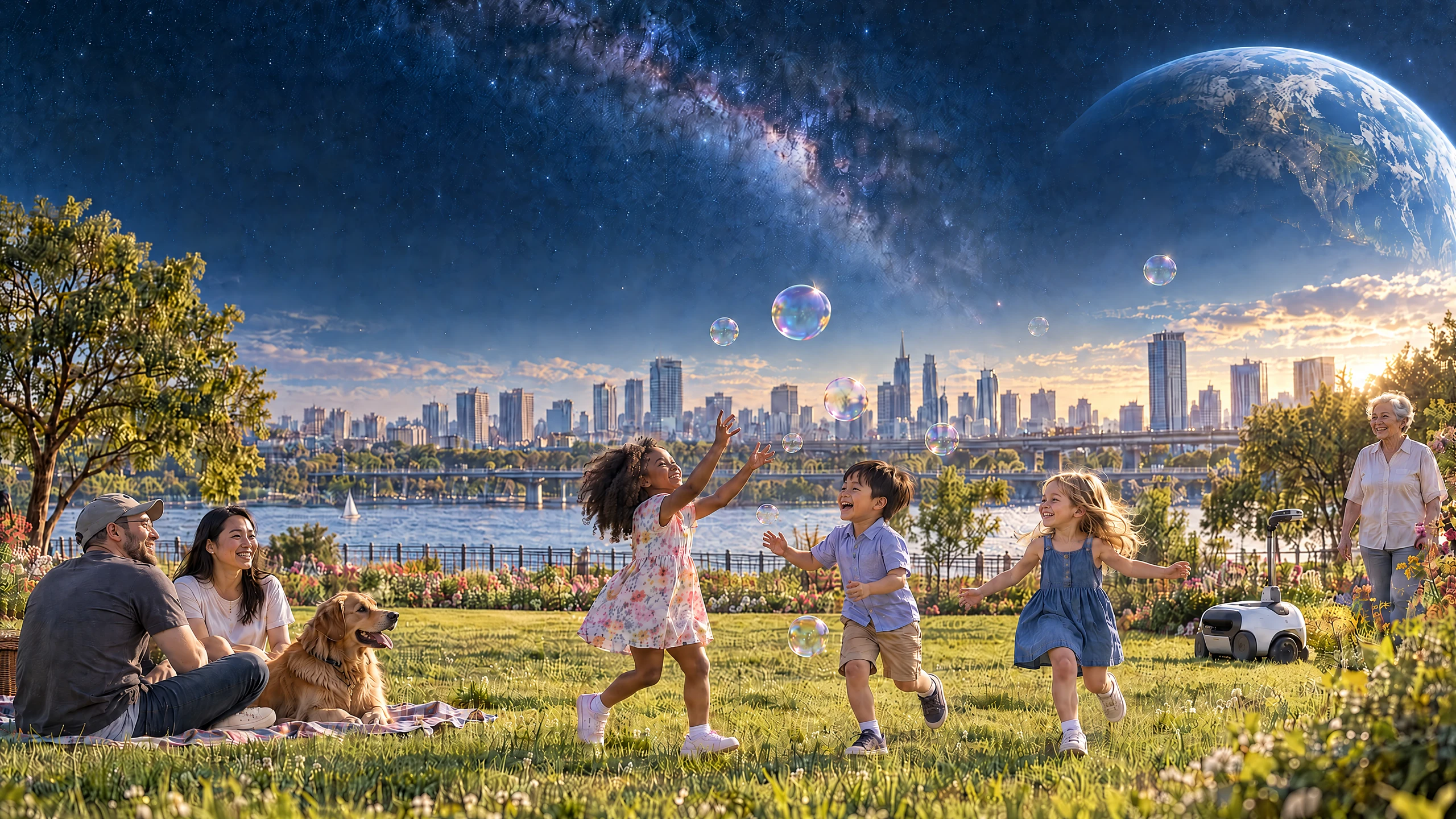 A vision of the future beneath the light of the cosmos, with children, adults, and older people from diverse backgrounds sharing a peaceful moment.