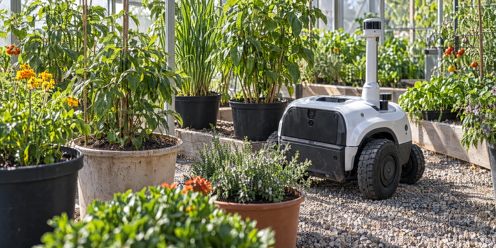 植物に囲まれた小型の移動ロボット