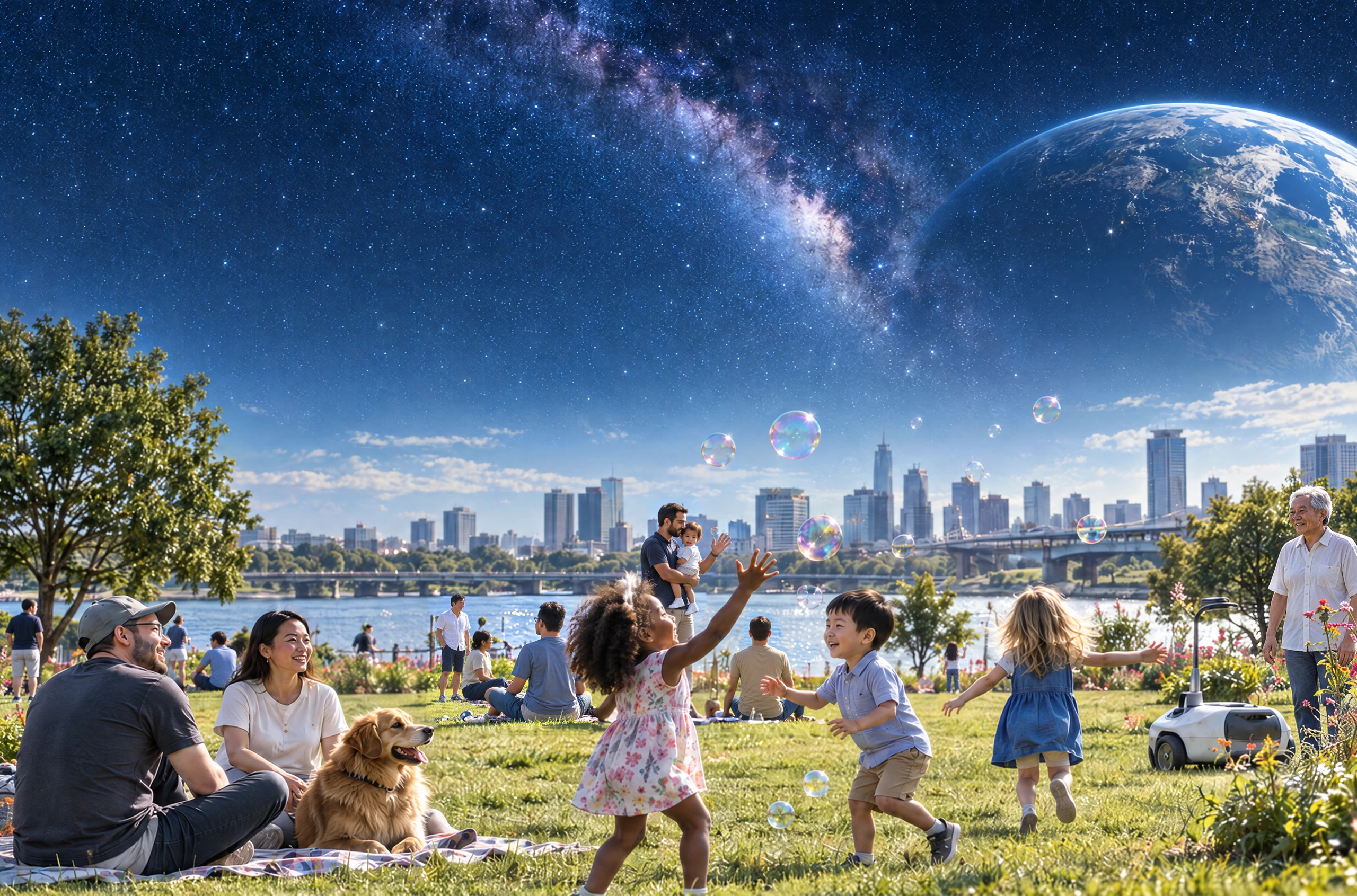 A vision of the future beneath the light of the cosmos, with children, adults, and older people from diverse backgrounds sharing a peaceful moment.